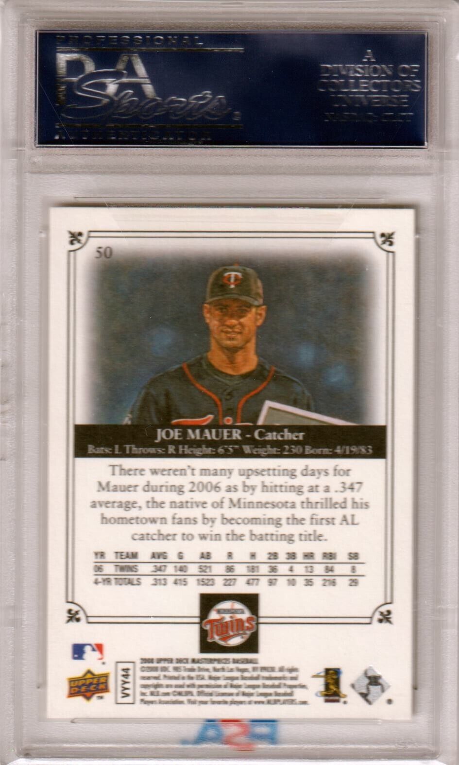 JOE MAUER 2008 Upper Deck Masterpieces #50 PSA 10 GEM MINT - TWINS - Columbia Hobby - Sports Card Boxes - Toploaders - Card Savers