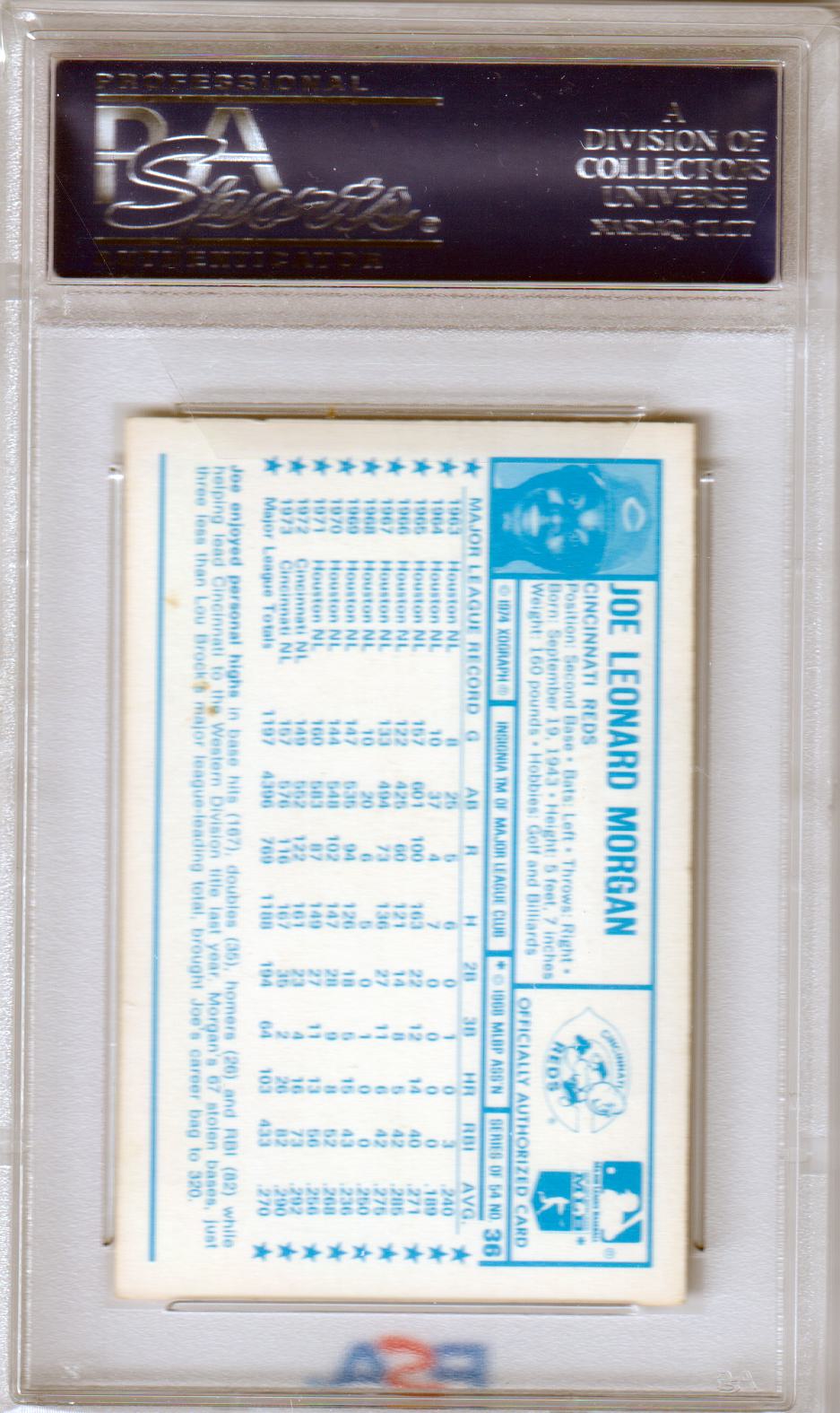 JOE MORGAN 1974 Kellogg's #36 PSA 9 MINT - REDS - Columbia Hobby - Sports Card Boxes - Toploaders - Card Savers