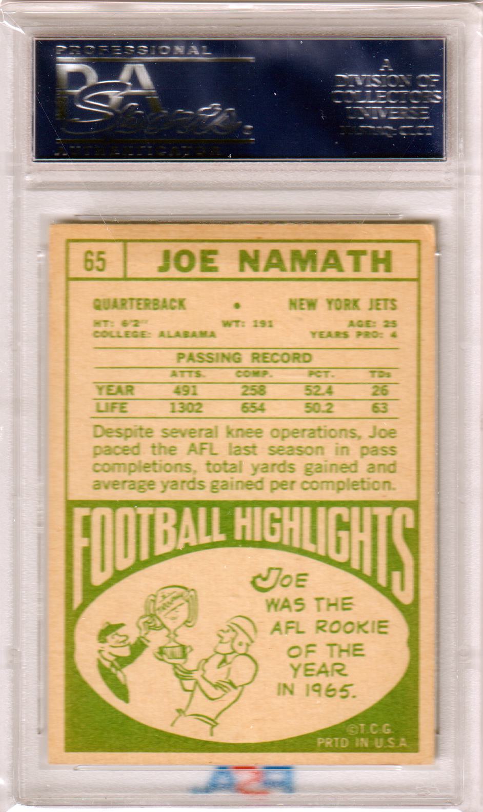 JOE NAMATH 1968 Topps #65 PSA 6 EX - MT - JETS - Columbia Hobby - Sports Card Boxes - Toploaders - Card Savers