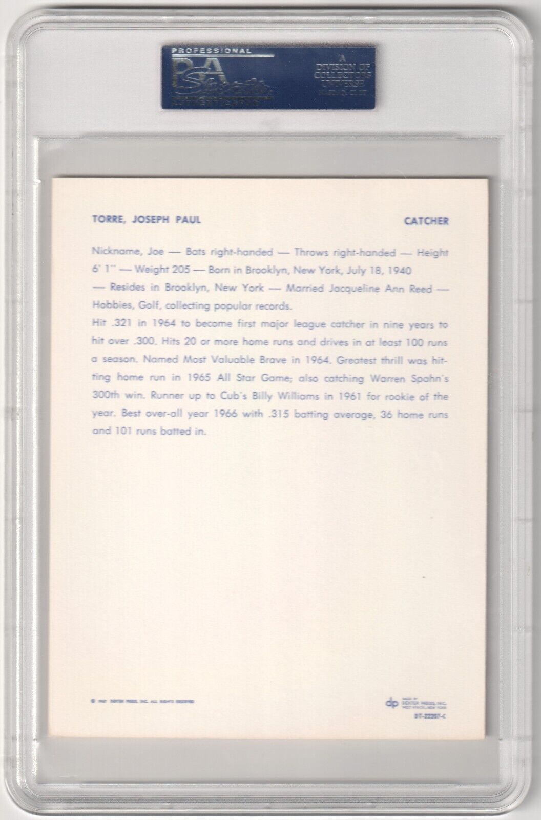 JOE TORRE 1967 Dexter Press Premiums PSA 6 EX - MT - BRAVES - Columbia Hobby - Sports Card Boxes - Toploaders - Card Savers