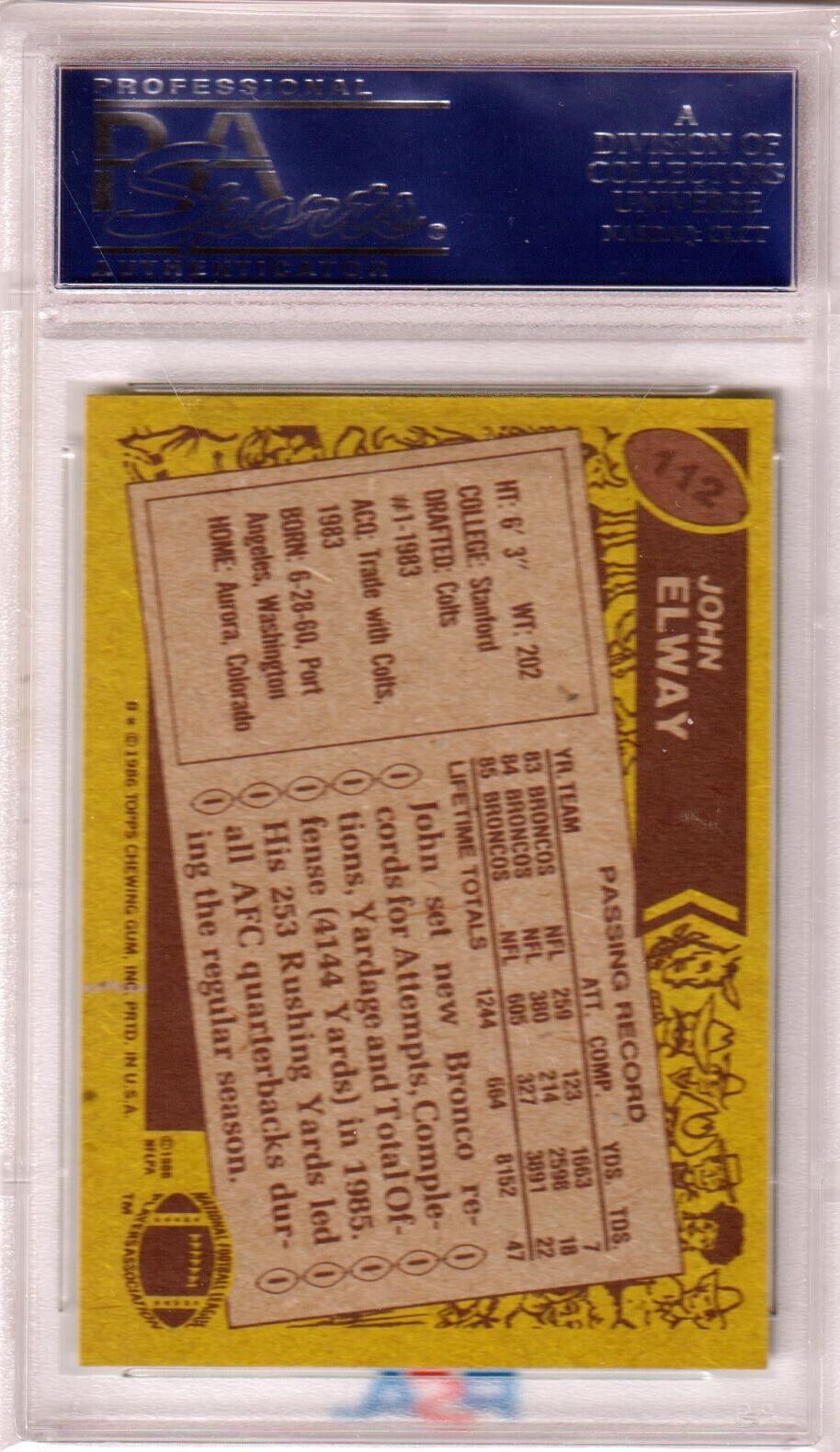 JOHN ELWAY 1986 Topps HOF #112 PSA 9 MINT - BRONCOS - Columbia Hobby - Sports Card Boxes - Toploaders - Card Savers