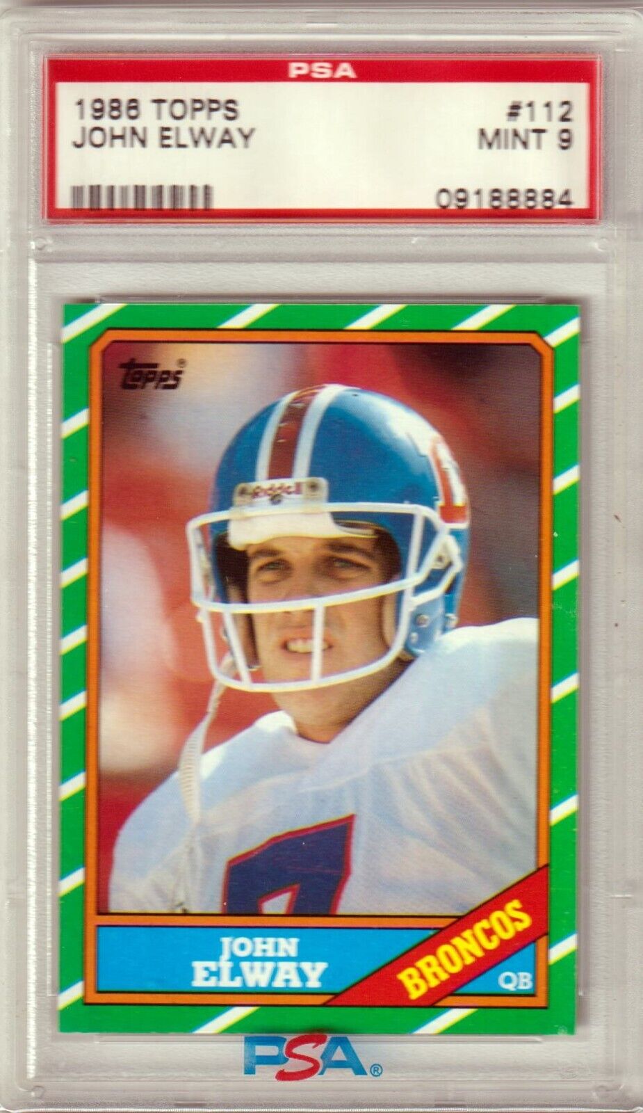 JOHN ELWAY 1986 Topps HOF #112 PSA 9 MINT - BRONCOS - Columbia Hobby - Sports Card Boxes - Toploaders - Card Savers