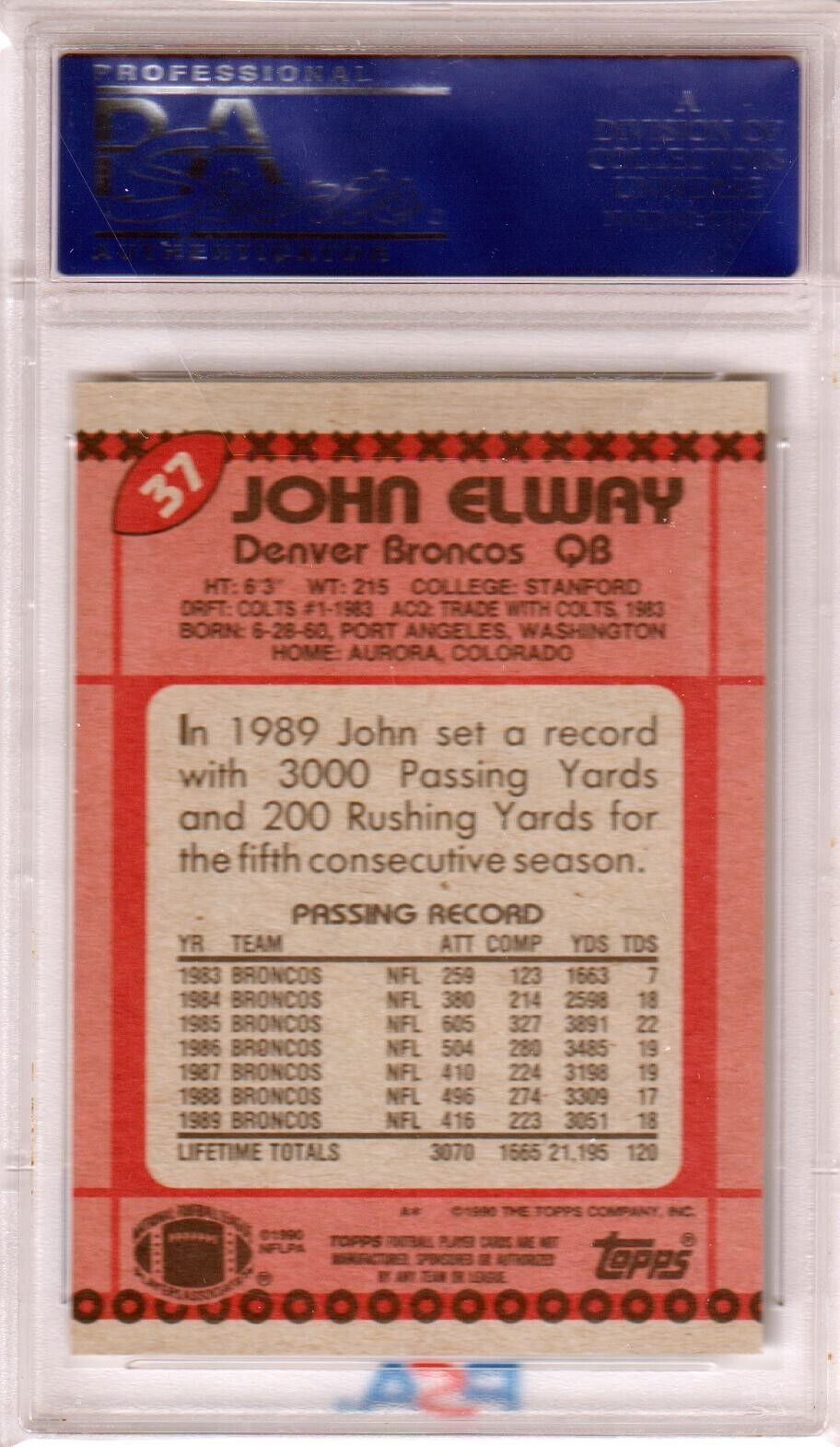 JOHN ELWAY 1990 Topps HOF #37 PSA 9 MINT - BRONCOS - Columbia Hobby - Sports Card Boxes - Toploaders - Card Savers