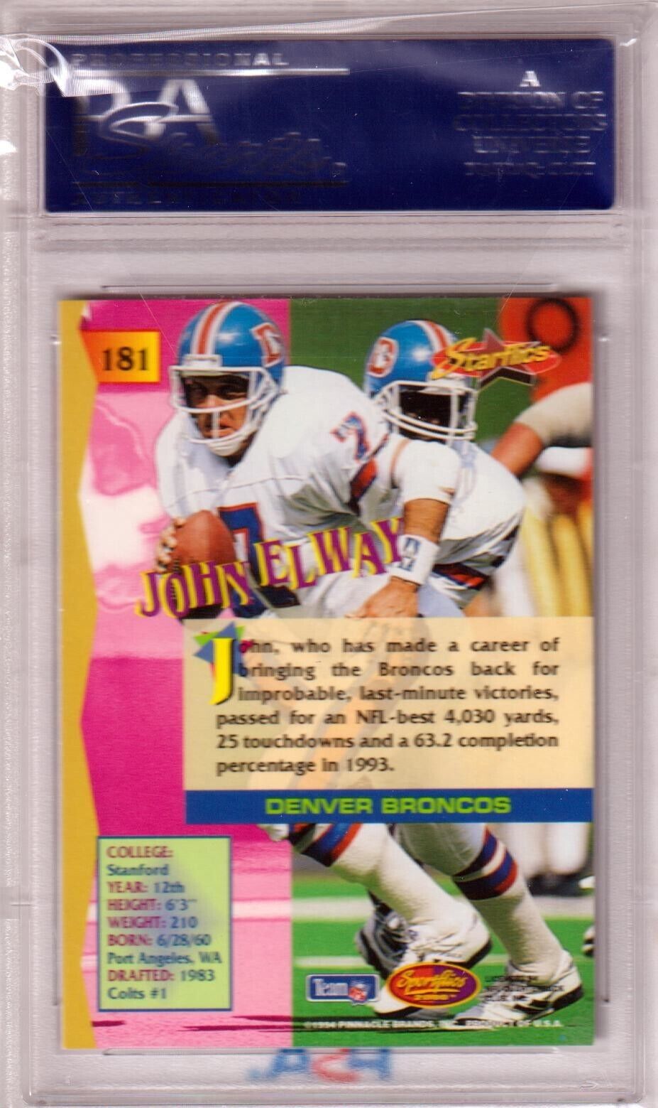 JOHN ELWAY 1994 Sportsflics #181 PSA 10 GEM MINT - BRONCOS - Columbia Hobby - Sports Card Boxes - Toploaders - Card Savers