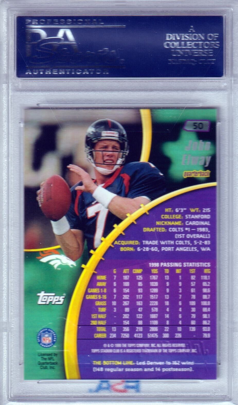 JOHN ELWAY 1999 Topps Stadium Club #50 PSA 10 GEM MINT - BRONCOS - Columbia Hobby - Sports Card Boxes - Toploaders - Card Savers
