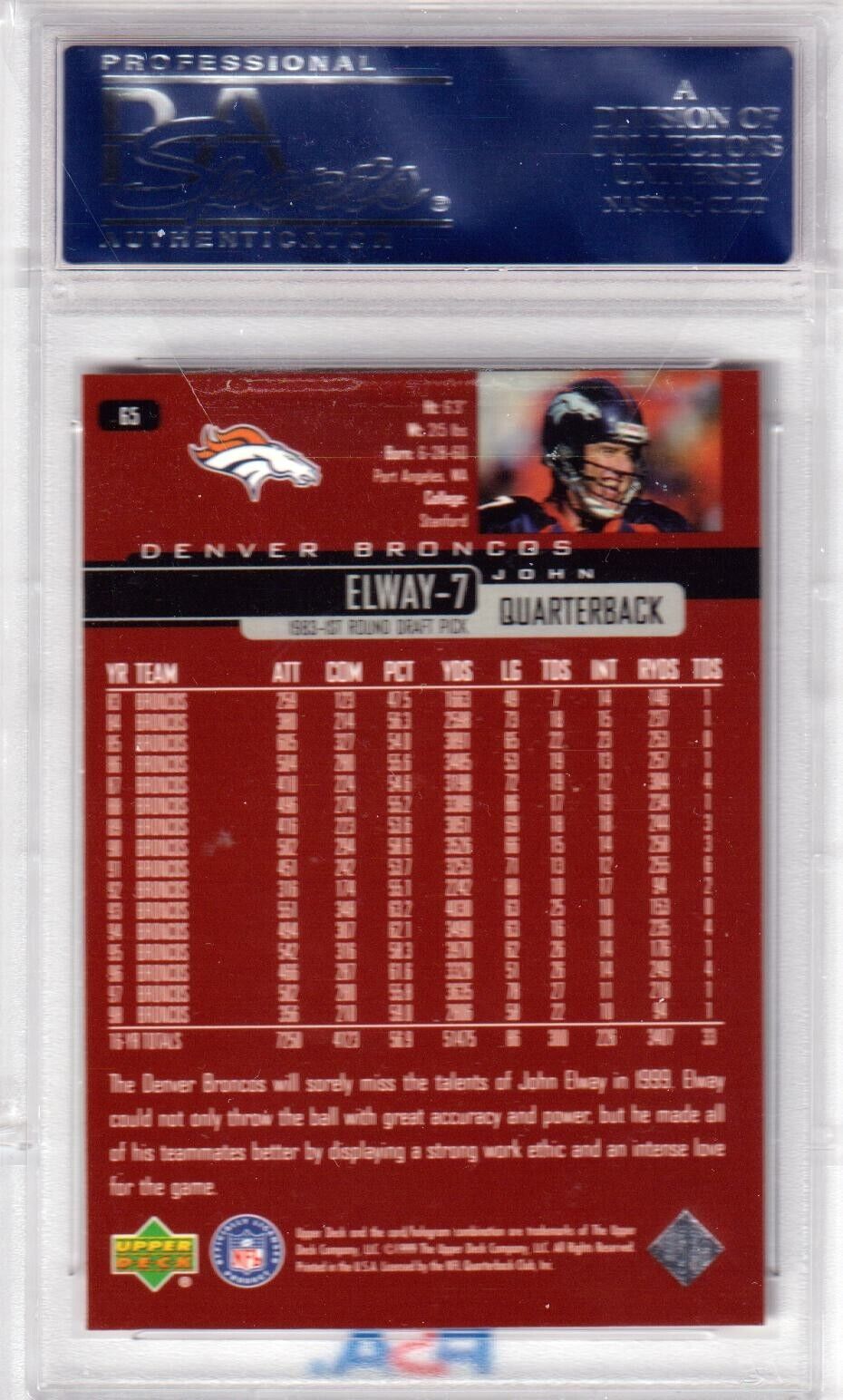 JOHN ELWAY 1999 Upper Deck #65 PSA 10 GEM MINT - BRONCOS - Columbia Hobby - Sports Card Boxes - Toploaders - Card Savers