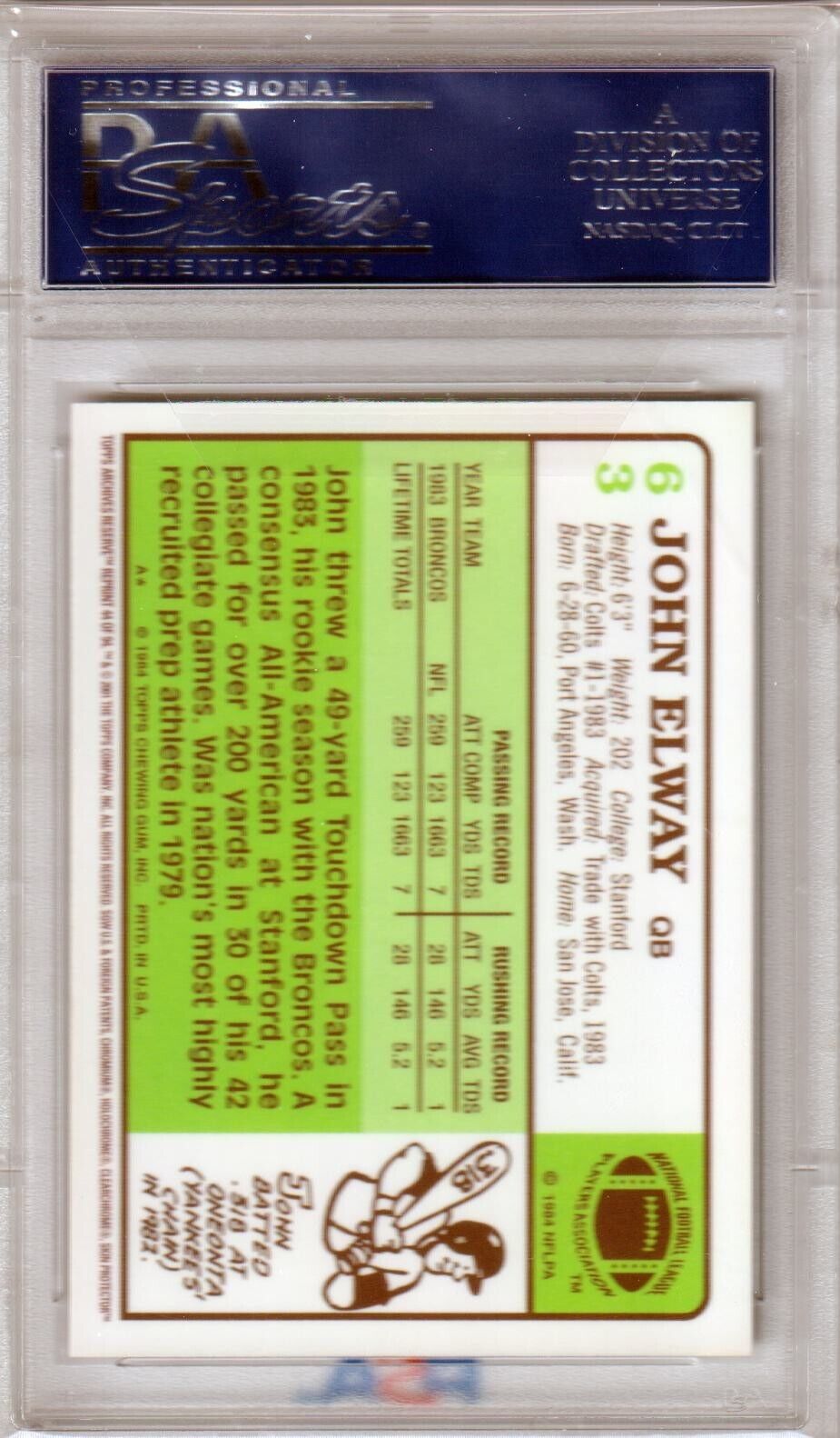 JOHN ELWAY 2001 Topps Archives Reserve Autograph Auto PSA / DNA Certified - Columbia Hobby - Sports Card Boxes - Toploaders - Card Savers