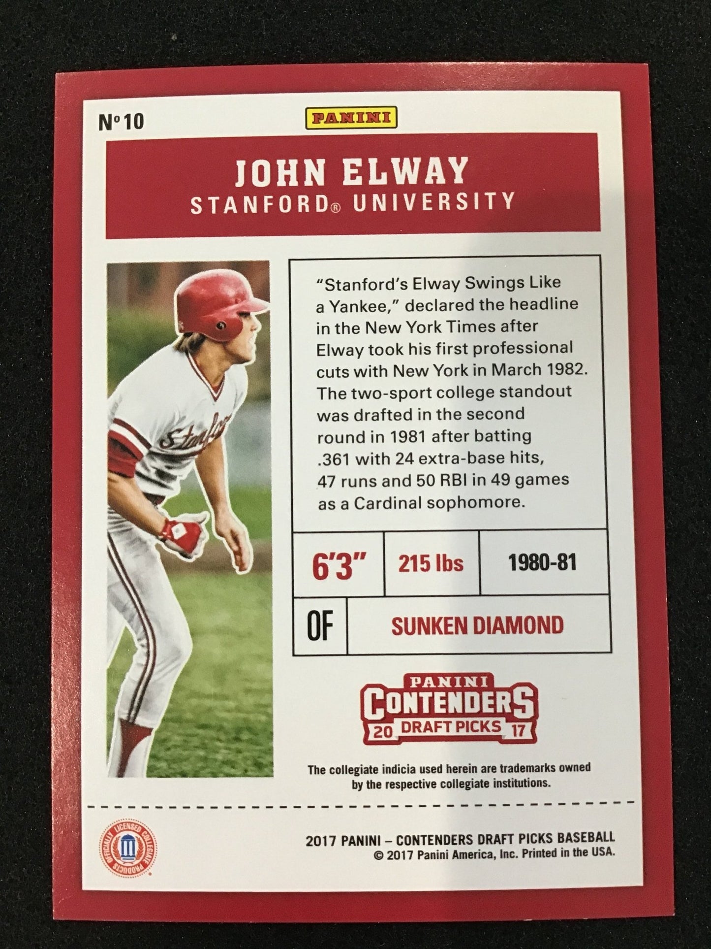 John Elway 2017 Panini Contenders Draft Picks Red /15 #10 SSP Cardinal - Columbia Hobby - Sports Card Boxes - Toploaders - Card Savers
