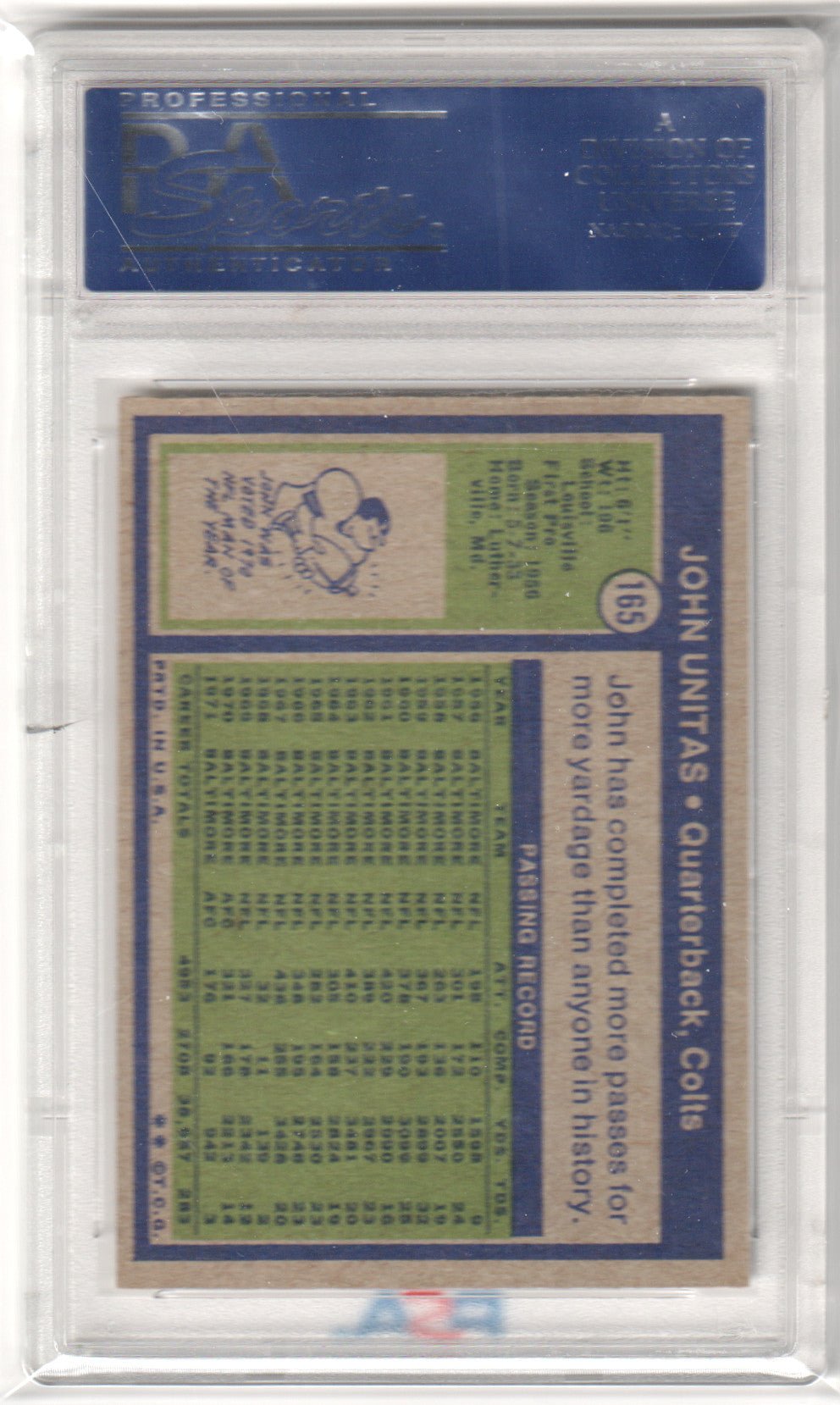 JOHN JOHNNY UNITAS 1972 Topps #165 PSA 8 NM_MT - COLTS - Columbia Hobby - Sports Card Boxes - Toploaders - Card Savers