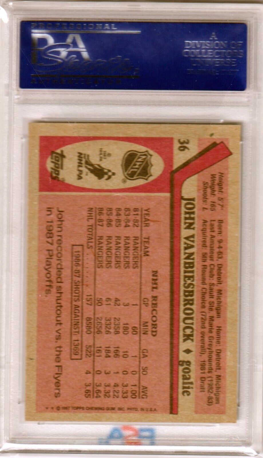 JOHN VANBIESBROUCK 1987 Topps RC Rookie #36 PSA 10 GEM MINT - RANGERS - Columbia Hobby - Sports Card Boxes - Toploaders - Card Savers