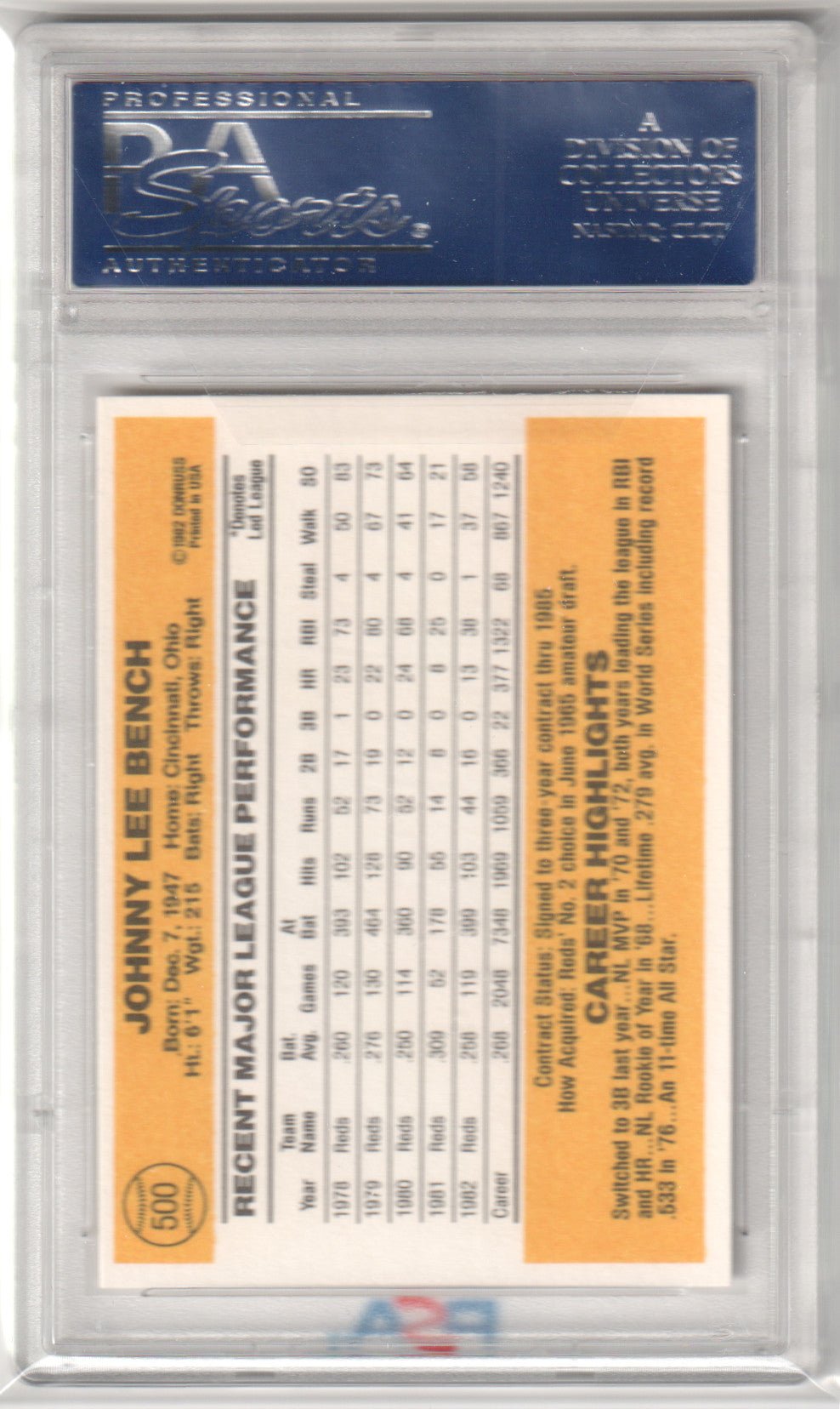 JOHNNY BENCH 1983 Donruss #500 PSA 10 GEM MINT - REDS - Columbia Hobby - Sports Card Boxes - Toploaders - Card Savers