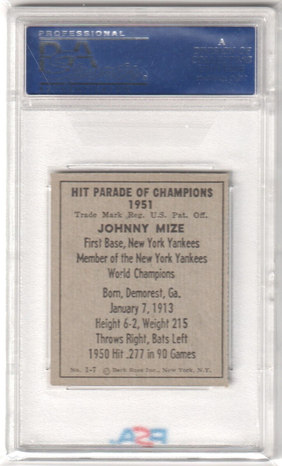 JOHNNY MIZE 1951 Berk Ross #1 - 7 PSA 7 NM - YANKEES - Columbia Hobby - Sports Card Boxes - Toploaders - Card Savers