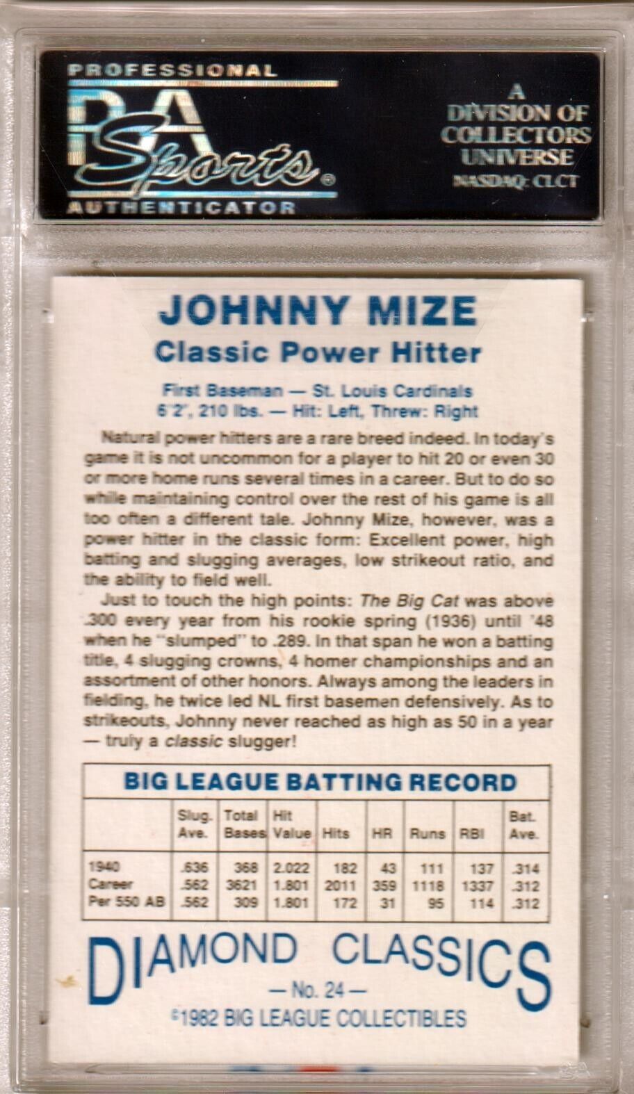 JOHNNY MIZE 1982 Big League Collect Autograph Auto #24 PSA/DNA Auth CARDINALS - Columbia Hobby - Sports Card Boxes - Toploaders - Card Savers