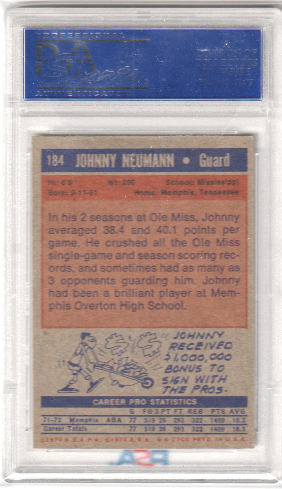 JOHNNY NEUMANN 1972 Topps RC Rookie #184 PSA 8 NM - MT - MEMPHIS - Columbia Hobby - Sports Card Boxes - Toploaders - Card Savers