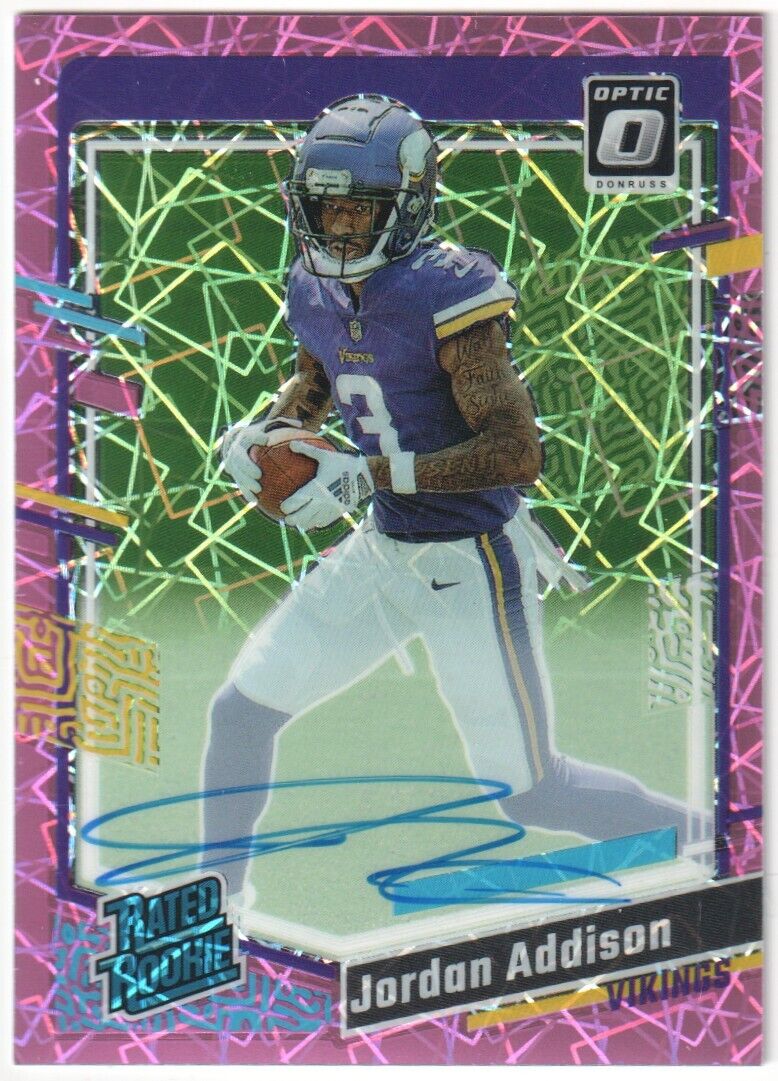JORDAN ADDISON 2023 Donruss Optic RC Rookie Autograph Auto Pink Velocity #/50 - Columbia Hobby - Sports Card Boxes - Toploaders - Card Savers
