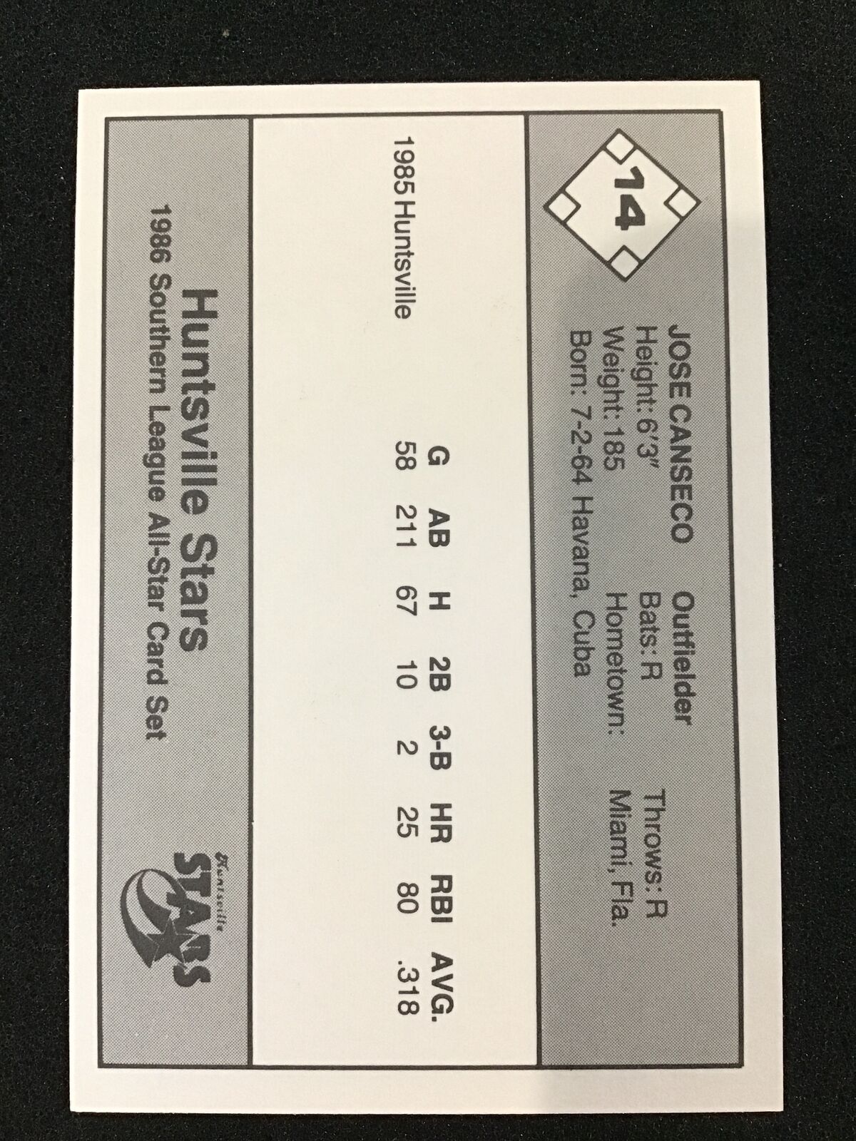 Jose Canseco 1986 Don Jennings Southern All - Stars #14 Huntsville Stars - Columbia Hobby - Sports Card Boxes - Toploaders - Card Savers