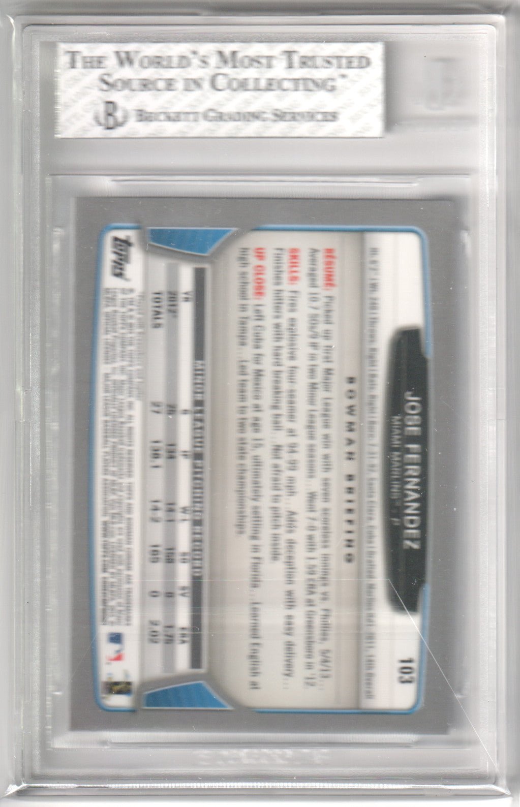 JOSE FERNANDEZ 2013 Bowman Chrome RC Rookie 103 BGS 8 - NM - MT - MARLINS - Columbia Hobby - Sports Card Boxes - Toploaders - Card Savers