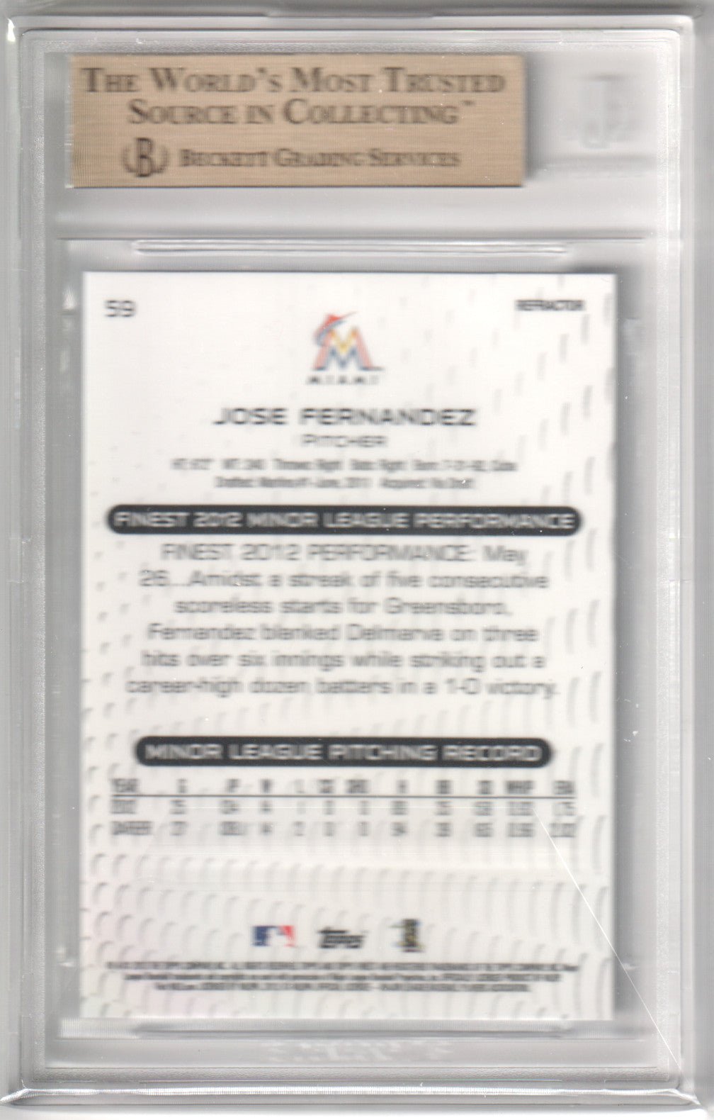 JOSE FERNANDEZ 2013 Topps Finest Refractor RC Rookie 59 BGS 9.5 GEM MINT - Columbia Hobby - Sports Card Boxes - Toploaders - Card Savers