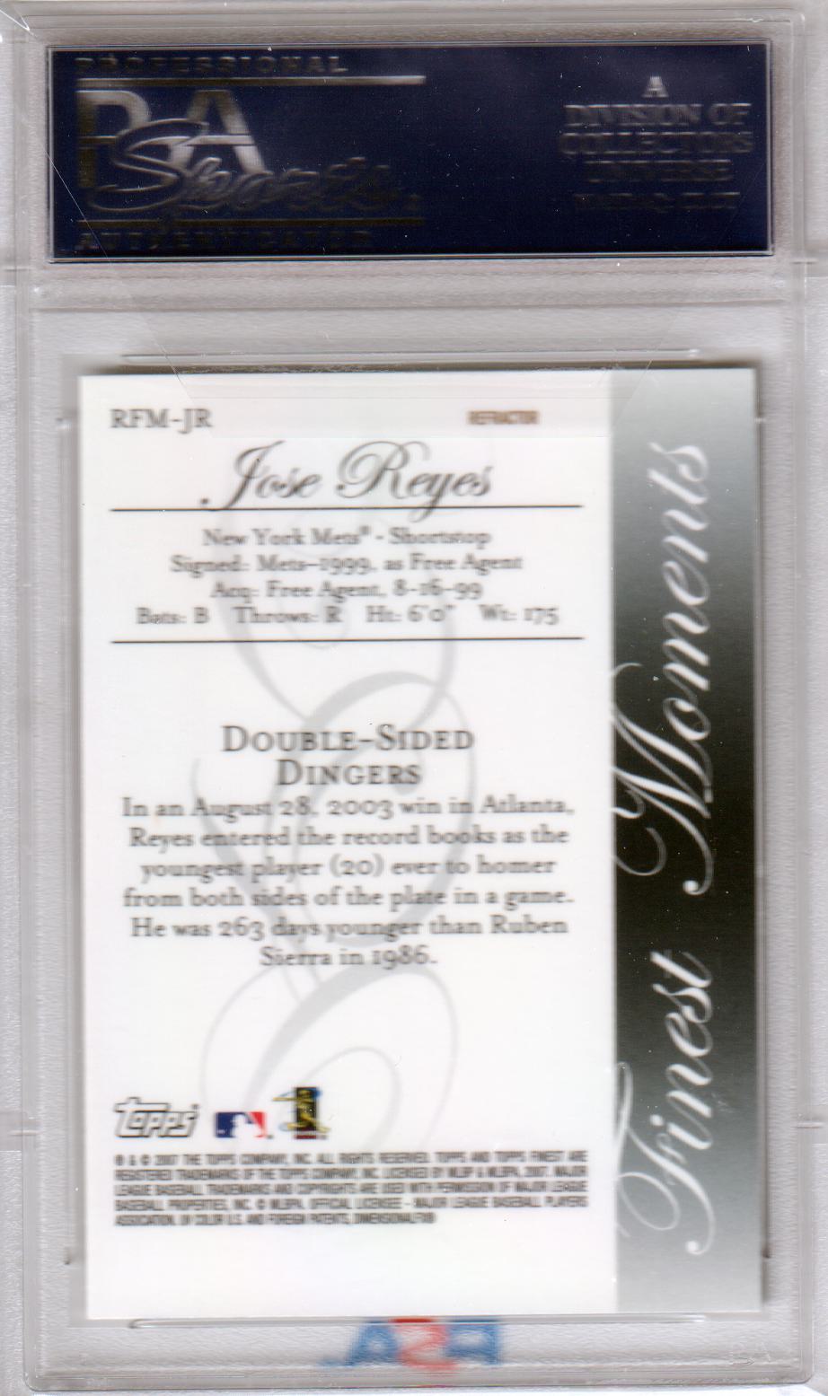 JOSE REYES 2007 Finest Moments Rookie RC #RFMJR Refractor PSA 10 GEM MINT Pop 3 - Columbia Hobby - Sports Card Boxes - Toploaders - Card Savers