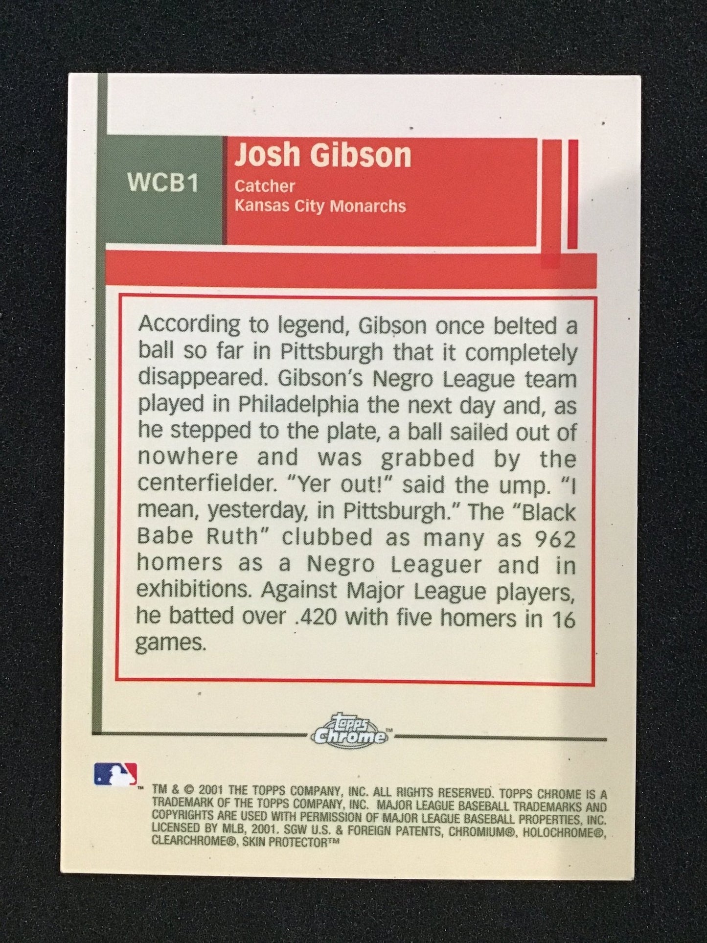 Josh Gibson 2001 - 02 Topps Chrome #WCB1 - KC Monarchs - Columbia Hobby - Sports Card Boxes - Toploaders - Card Savers