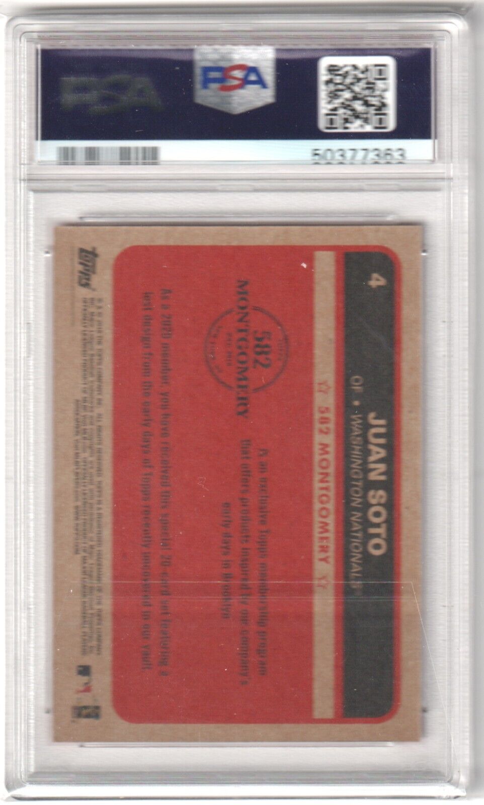 JUAN SOTO 2019 - 20 Topps 582 Montgomery Club PSA 9 MINT NATIONALS YANKEES - Columbia Hobby - Sports Card Boxes - Toploaders - Card Savers