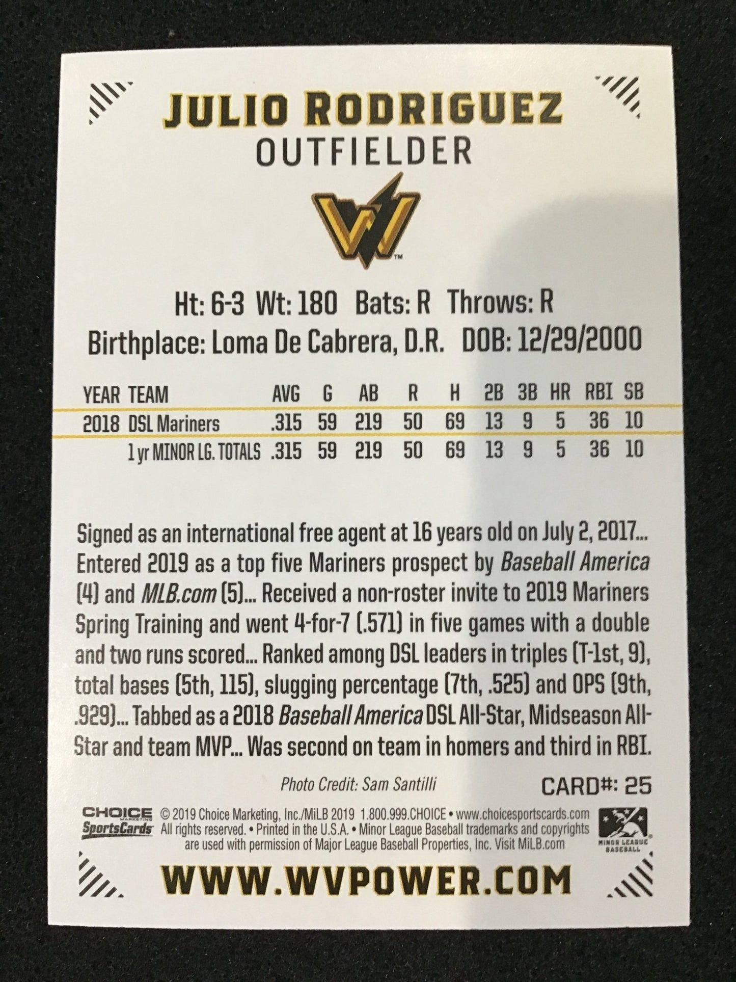 Julio Rodriguez 2019 Choice West Virginia Power #25 West Virginia Power - Columbia Hobby - Sports Card Boxes - Toploaders - Card Savers