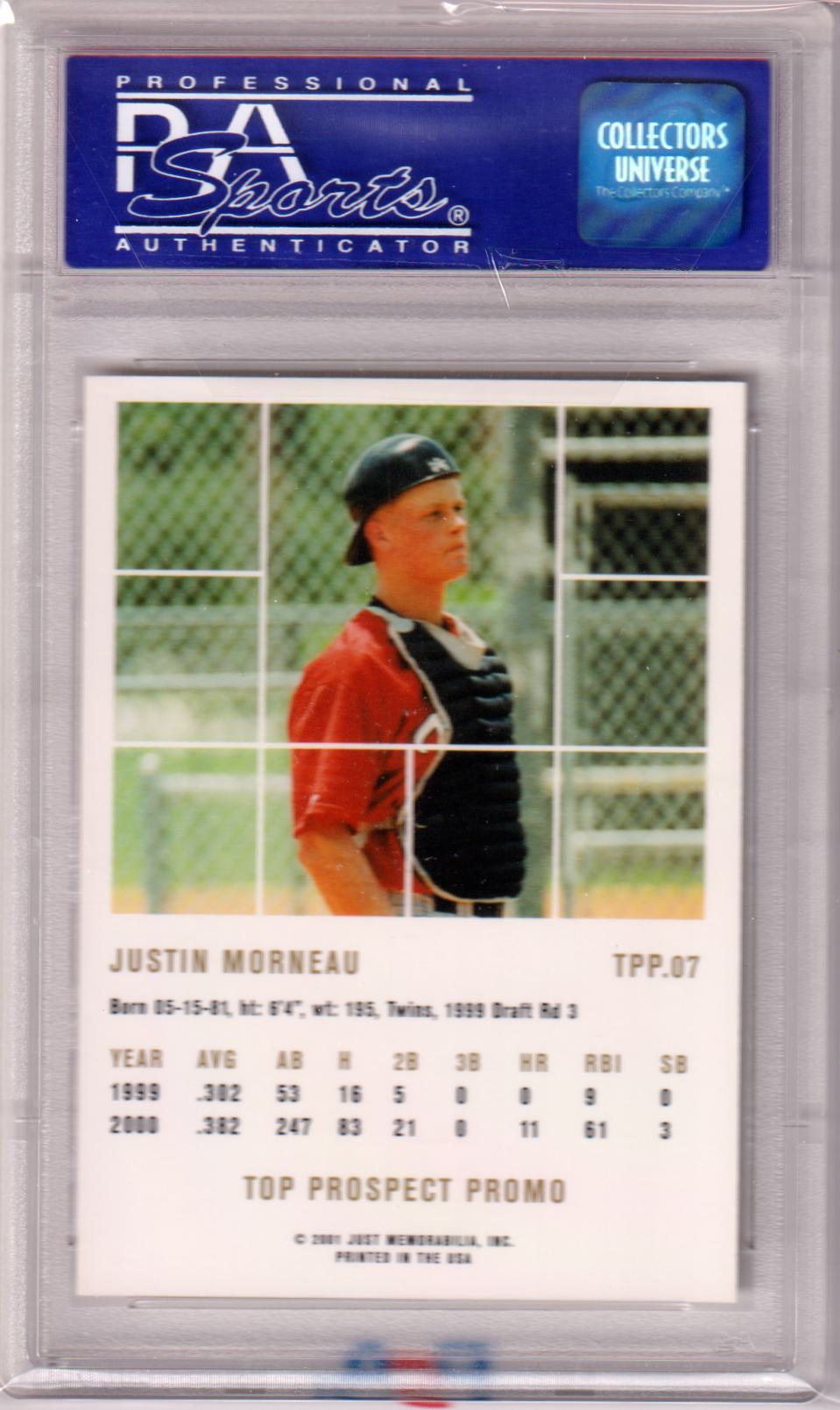 JUSTIN MORNEAU 2001 Just 2K1 RC Rookie Top Prospects Promo TPP07 PSA 10 GEM - Columbia Hobby - Sports Card Boxes - Toploaders - Card Savers