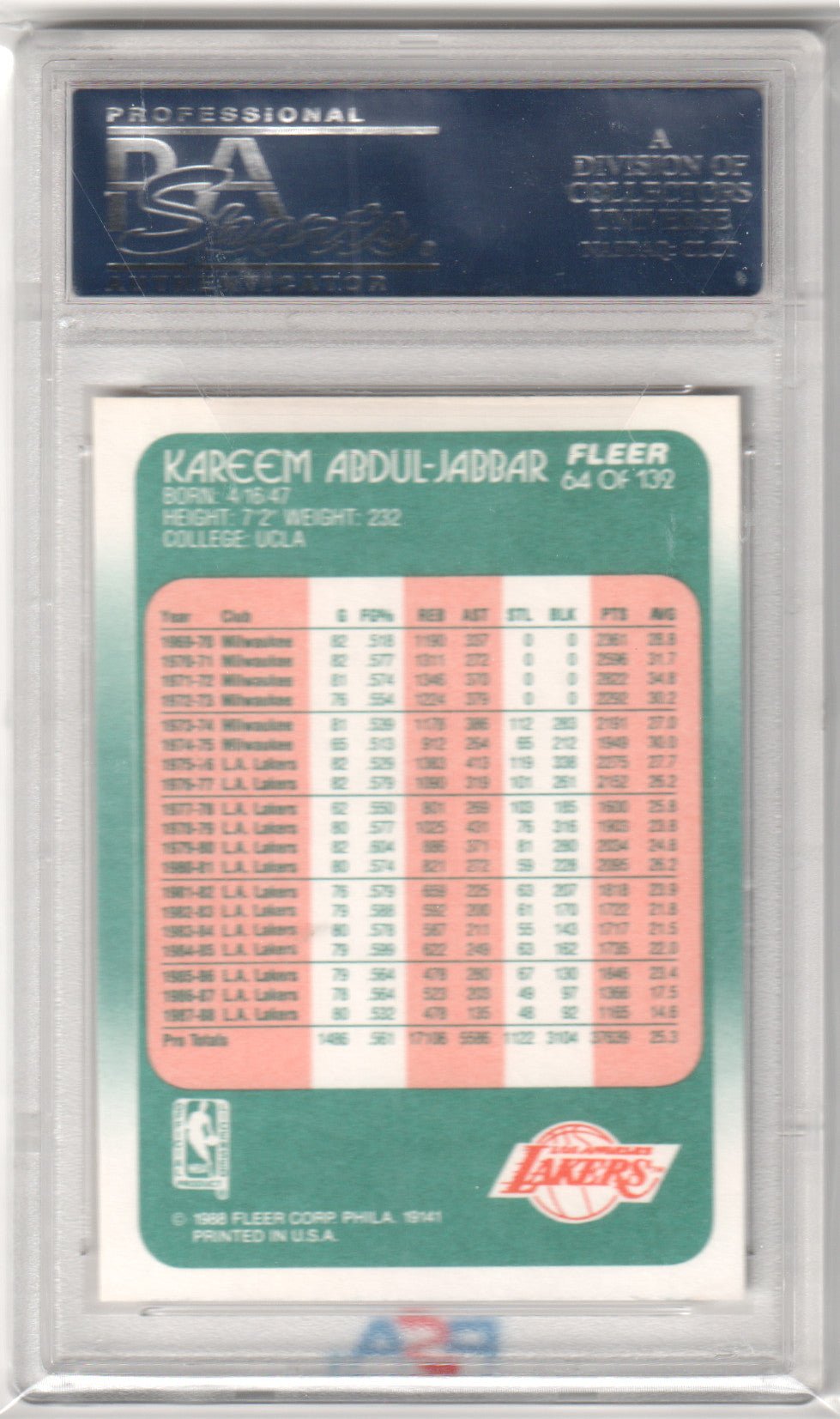 KAREEM ABDUL - JABBAR 1988 Fleer #64 PSA 10 GEM MINT - LAKERS - Columbia Hobby - Sports Card Boxes - Toploaders - Card Savers