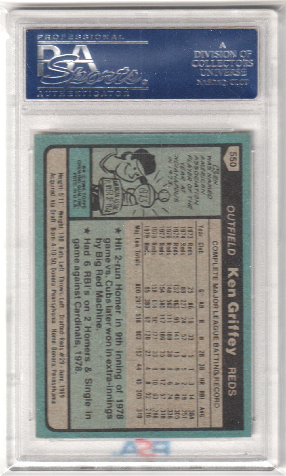 KEN GRIFFEY 1980 Topps #550 PSA 9 MINT - REDS - Columbia Hobby - Sports Card Boxes - Toploaders - Card Savers
