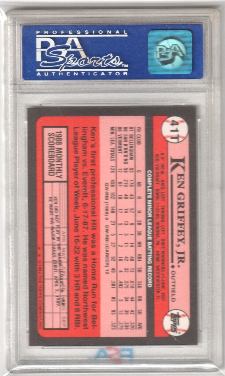 KEN GRIFFEY JR 1989 Topps Traded RC Rookie #41T PSA 9 MINT - MARINERS - Columbia Hobby - Sports Card Boxes - Toploaders - Card Savers