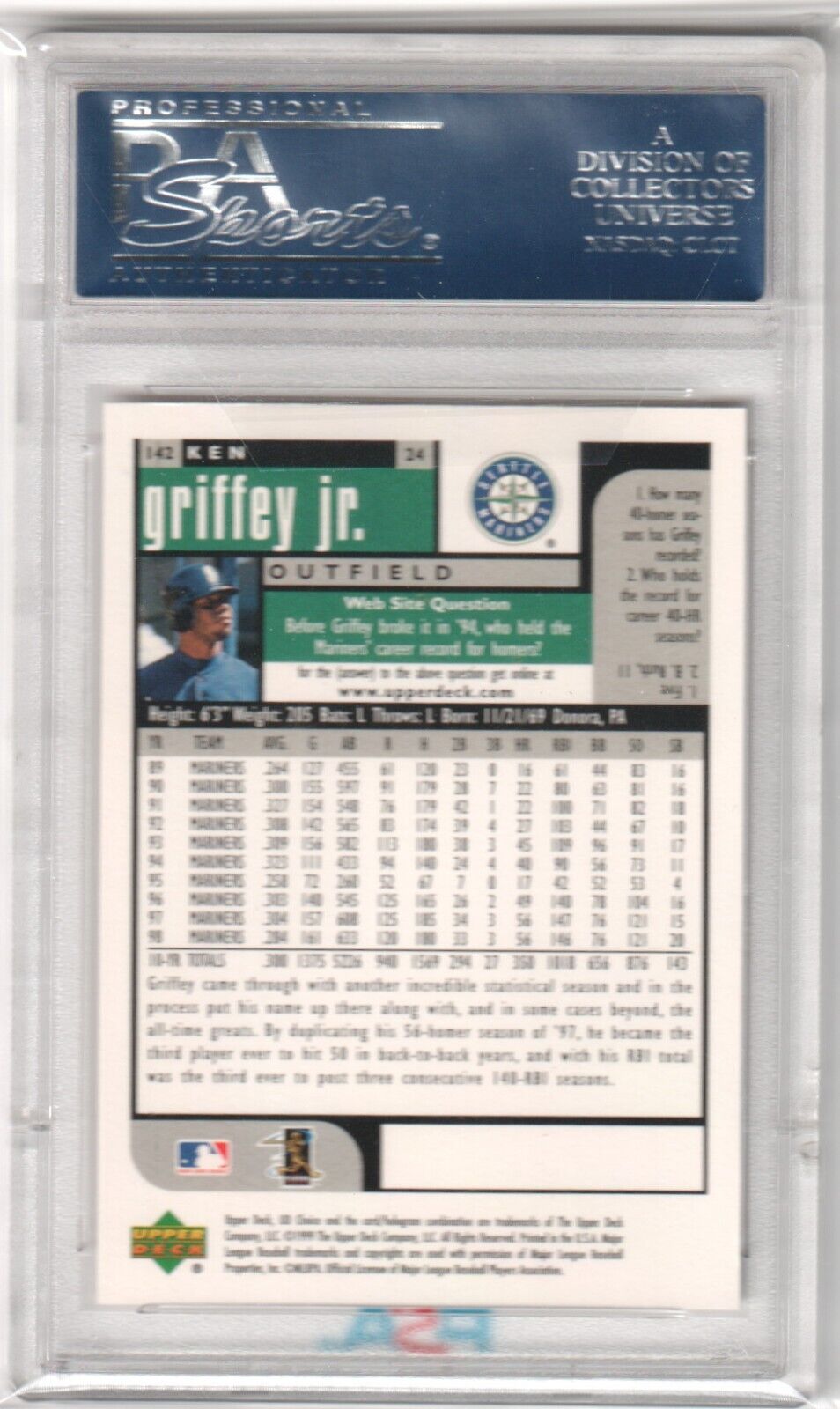 KEN GRIFFEY JR 1999 Upper Deck Choice #142 PSA 10 GEM MINT - MARINERS - Columbia Hobby - Sports Card Boxes - Toploaders - Card Savers