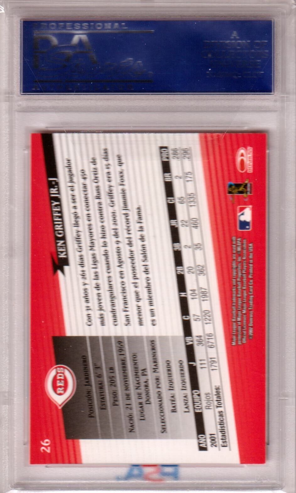 KEN GRIFFEY JR 2002 Donruss Super Estrellas #26 PSA 9 MINT - REDS - Columbia Hobby - Sports Card Boxes - Toploaders - Card Savers
