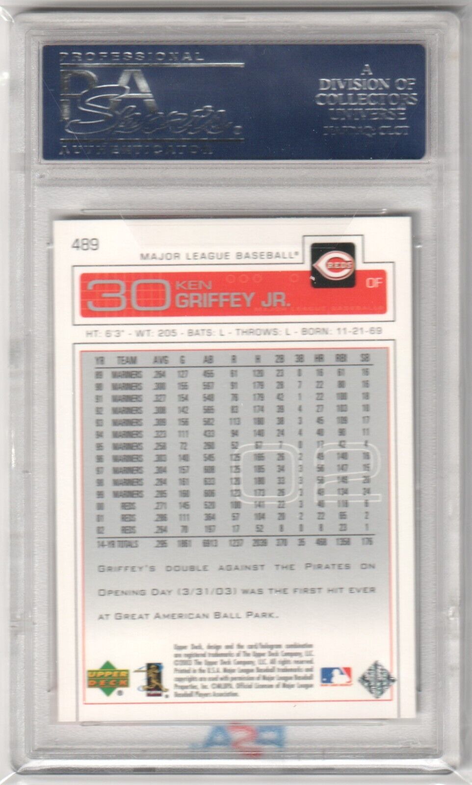 KEN GRIFFEY JR 2003 Upper Deck #489 PSA 10 GEM MINT - REDS - Columbia Hobby - Sports Card Boxes - Toploaders - Card Savers