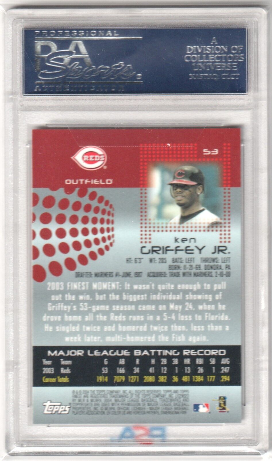 KEN GRIFFEY JR 2004 Topps Finest #53 PSA 10 GEM MINT - REDS - Columbia Hobby - Sports Card Boxes - Toploaders - Card Savers