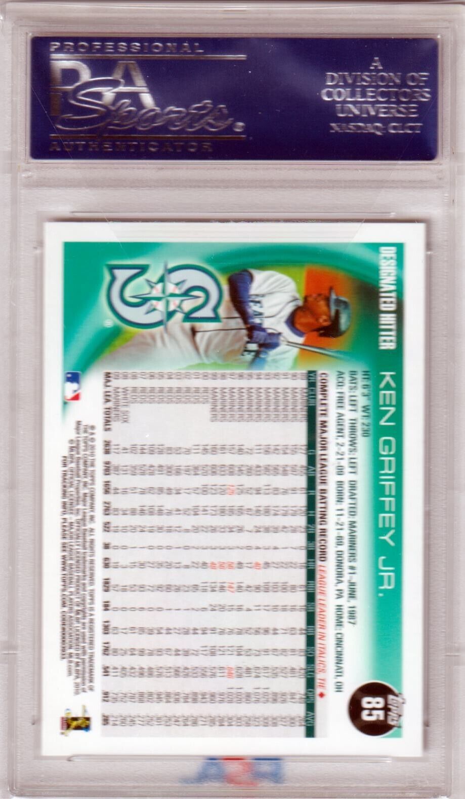 KEN GRIFFEY JR 2010 Topps #85 PSA 10 GEM MINT - MARINERS - Columbia Hobby - Sports Card Boxes - Toploaders - Card Savers