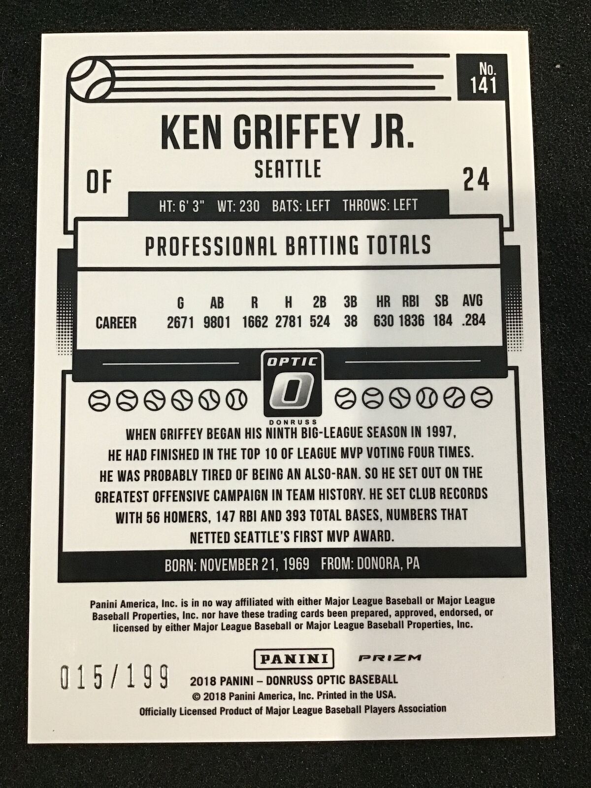 Ken Griffey Jr. 2018 Donruss Optic #141 Orange /199 SP Seattle Mariners - Columbia Hobby - Sports Card Boxes - Toploaders - Card Savers