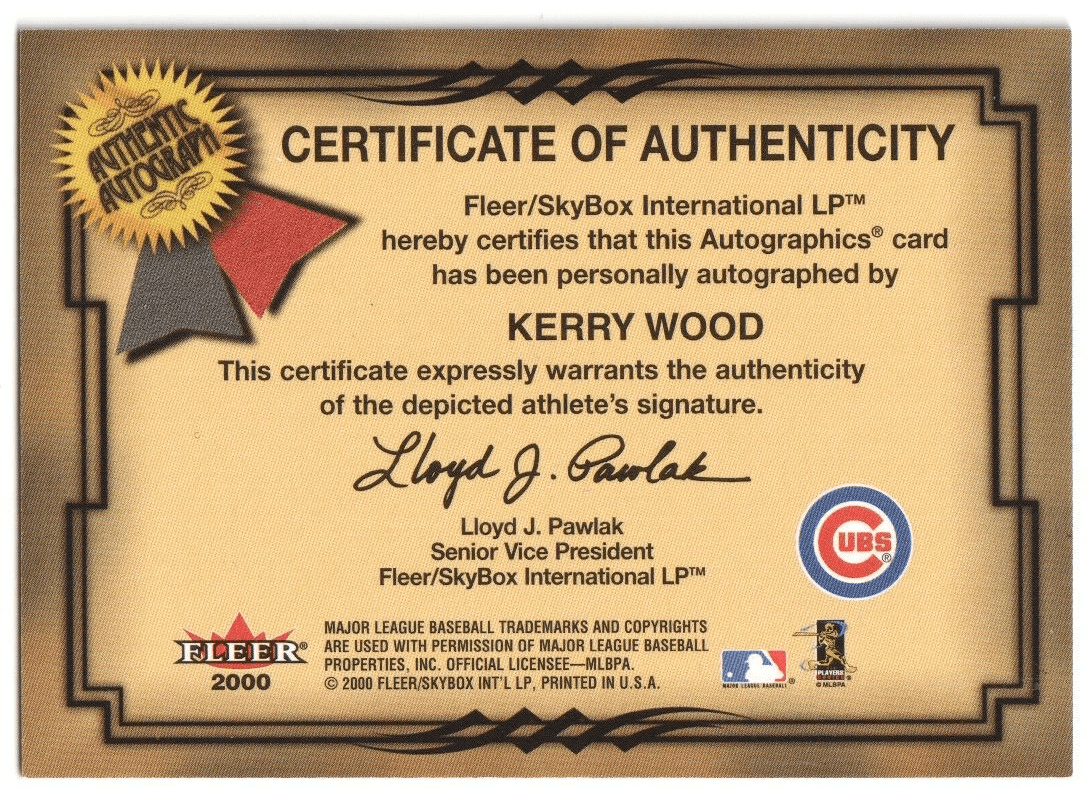 KERRY WOOD 2000 Fleer Autographics Autograph Auto - CUBS - Columbia Hobby - Sports Card Boxes - Toploaders - Card Savers