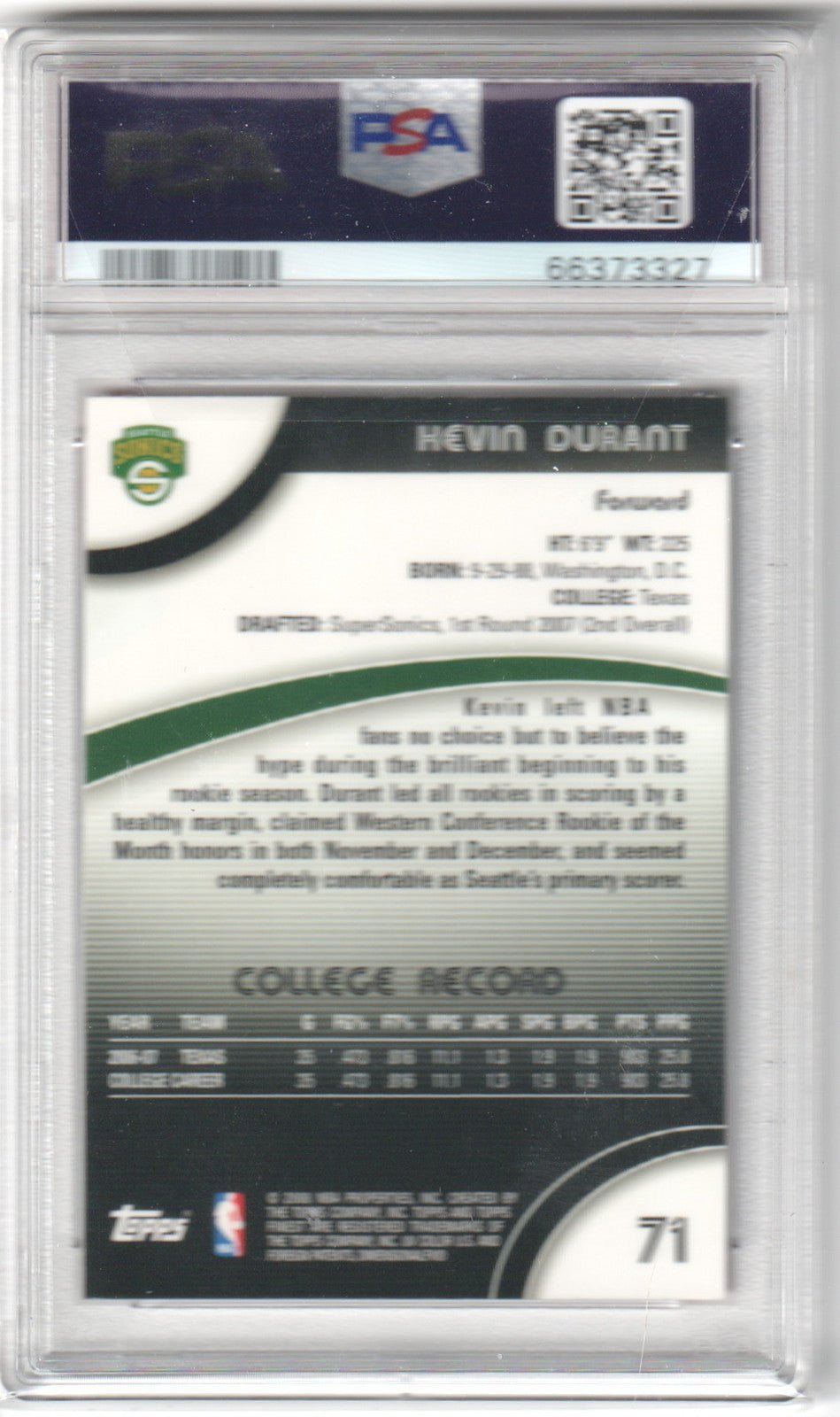 KEVIN DURANT 2007 Topps Finest Rookie RC #71 PSA 10 GEM MINT - Columbia Hobby - Sports Card Boxes - Toploaders - Card Savers