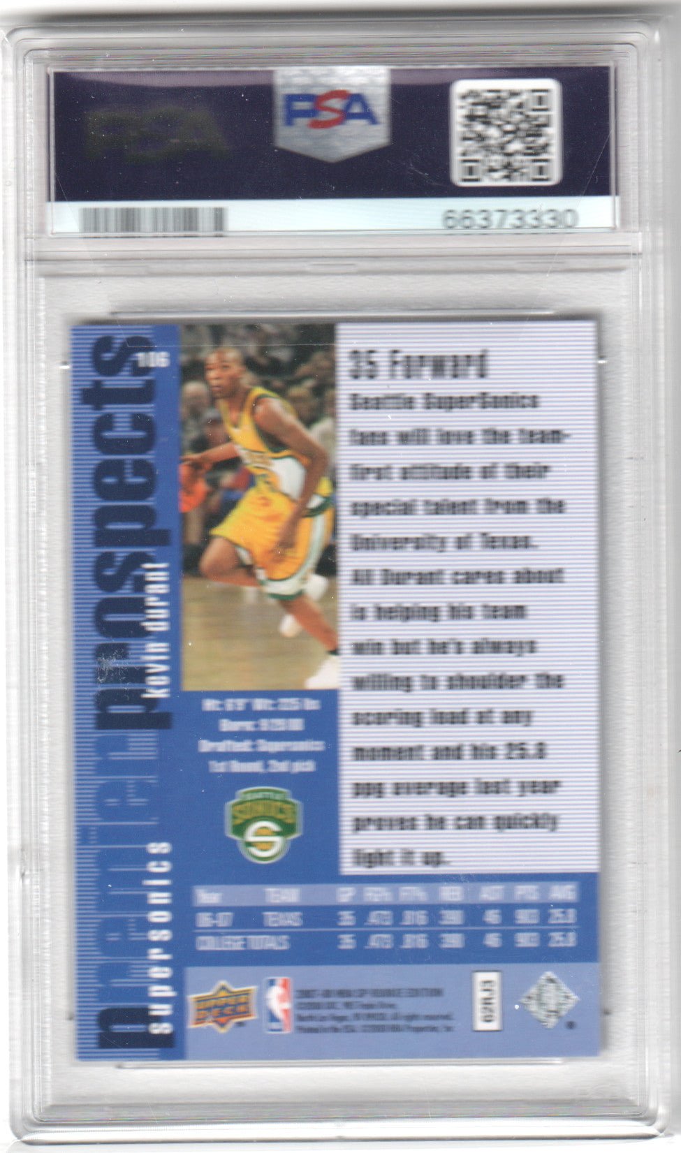 KEVIN DURANT2007 Upper Deck SP Rookie Edition RC #106 1996 Design PSA 9 MINT - Columbia Hobby - Sports Card Boxes - Toploaders - Card Savers