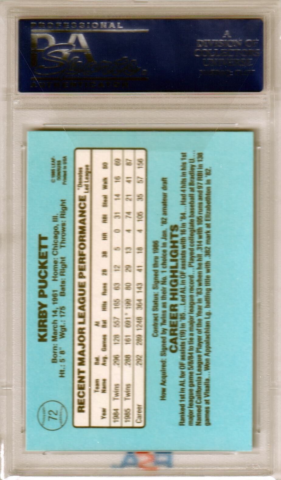 KIRBY PUCKETT 1986 Donruss #72 PSA 10 GEM MINT - TWINS - Columbia Hobby - Sports Card Boxes - Toploaders - Card Savers