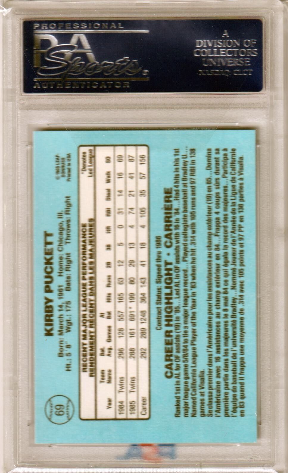 KIRBY PUCKETT 1986 Leaf #69 PSA 10 GEM MINT - TWINS - Columbia Hobby - Sports Card Boxes - Toploaders - Card Savers