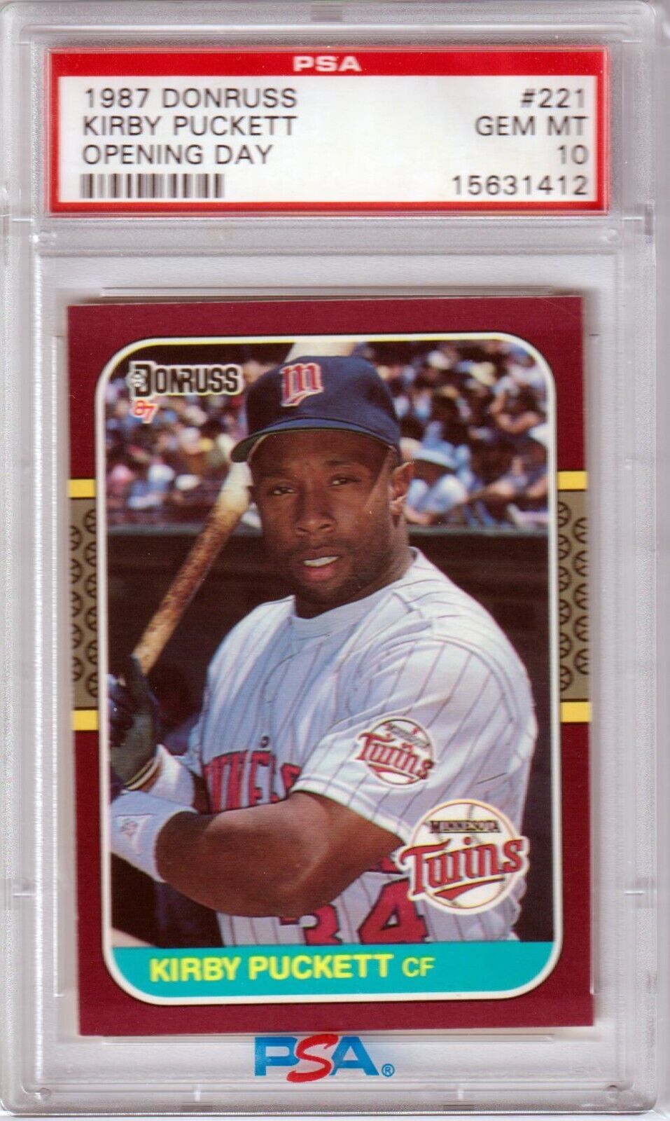 KIRBY PUCKETT 1987 Donruss Opening Day #221 PSA 10 GEM MINT - TWINS - Columbia Hobby - Sports Card Boxes - Toploaders - Card Savers