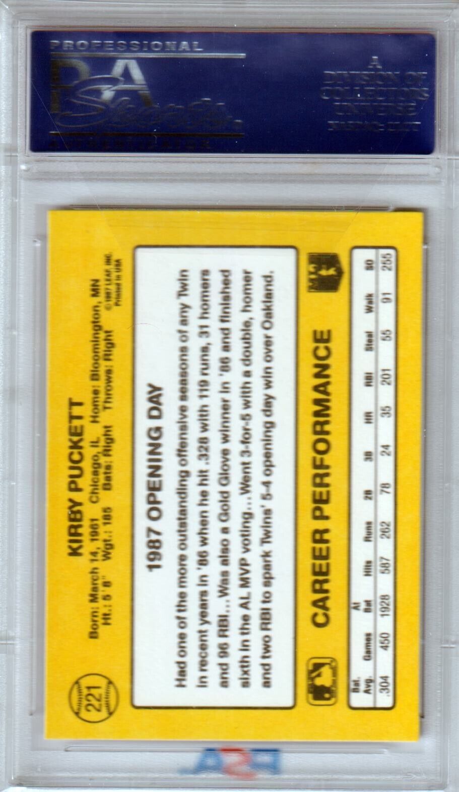 KIRBY PUCKETT 1987 Donruss Opening Day #221 PSA 10 GEM MINT - TWINS - Columbia Hobby - Sports Card Boxes - Toploaders - Card Savers