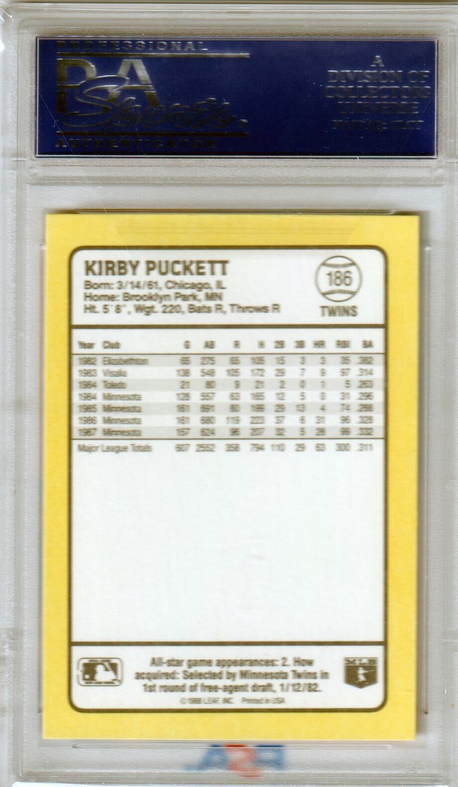 KIRBY PUCKETT 1988 Donruss Baseball's Best #186 PSA 10 GEM MINT - TWINS - Columbia Hobby - Sports Card Boxes - Toploaders - Card Savers