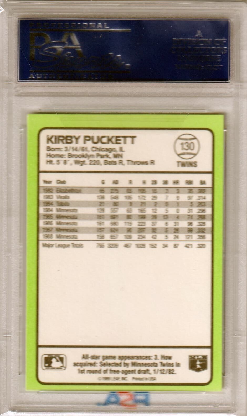 KIRBY PUCKETT 1989 Donruss Baseball's Best #130 PSA 10 GEM MINT - TWINS - Columbia Hobby - Sports Card Boxes - Toploaders - Card Savers