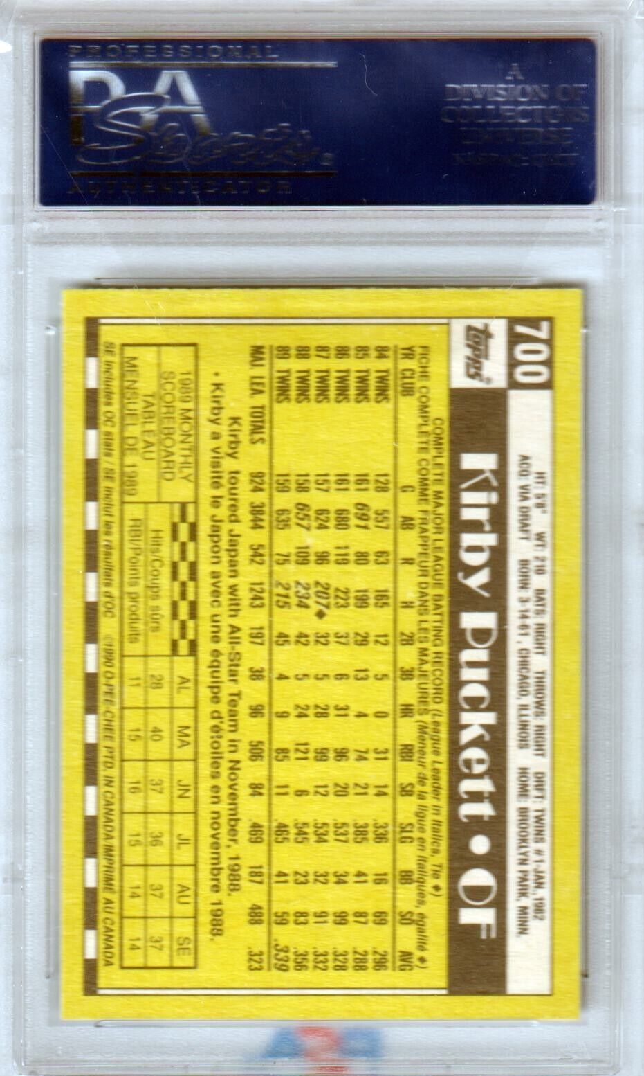 KIRBY PUCKETT 1990 O - Pee - Chee #700 PSA 10 GEM MINT - TWINS - Columbia Hobby - Sports Card Boxes - Toploaders - Card Savers