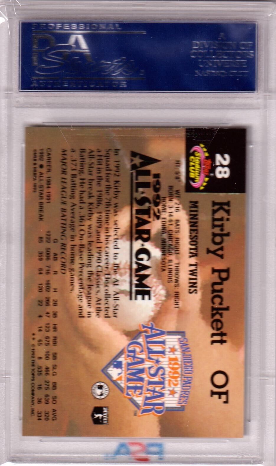 KIRBY PUCKETT 1992 Topps Stadium Club Jack Murphy #28 PSA 10 GEM MINT - TWINS - Columbia Hobby - Sports Card Boxes - Toploaders - Card Savers