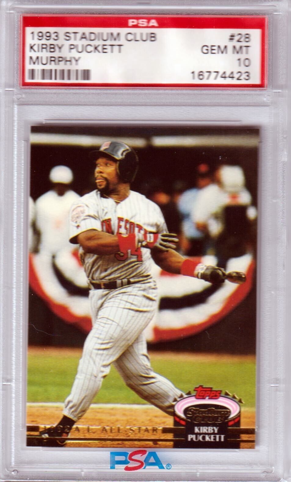 KIRBY PUCKETT 1992 Topps Stadium Club Jack Murphy #28 PSA 10 GEM MINT - TWINS - Columbia Hobby - Sports Card Boxes - Toploaders - Card Savers