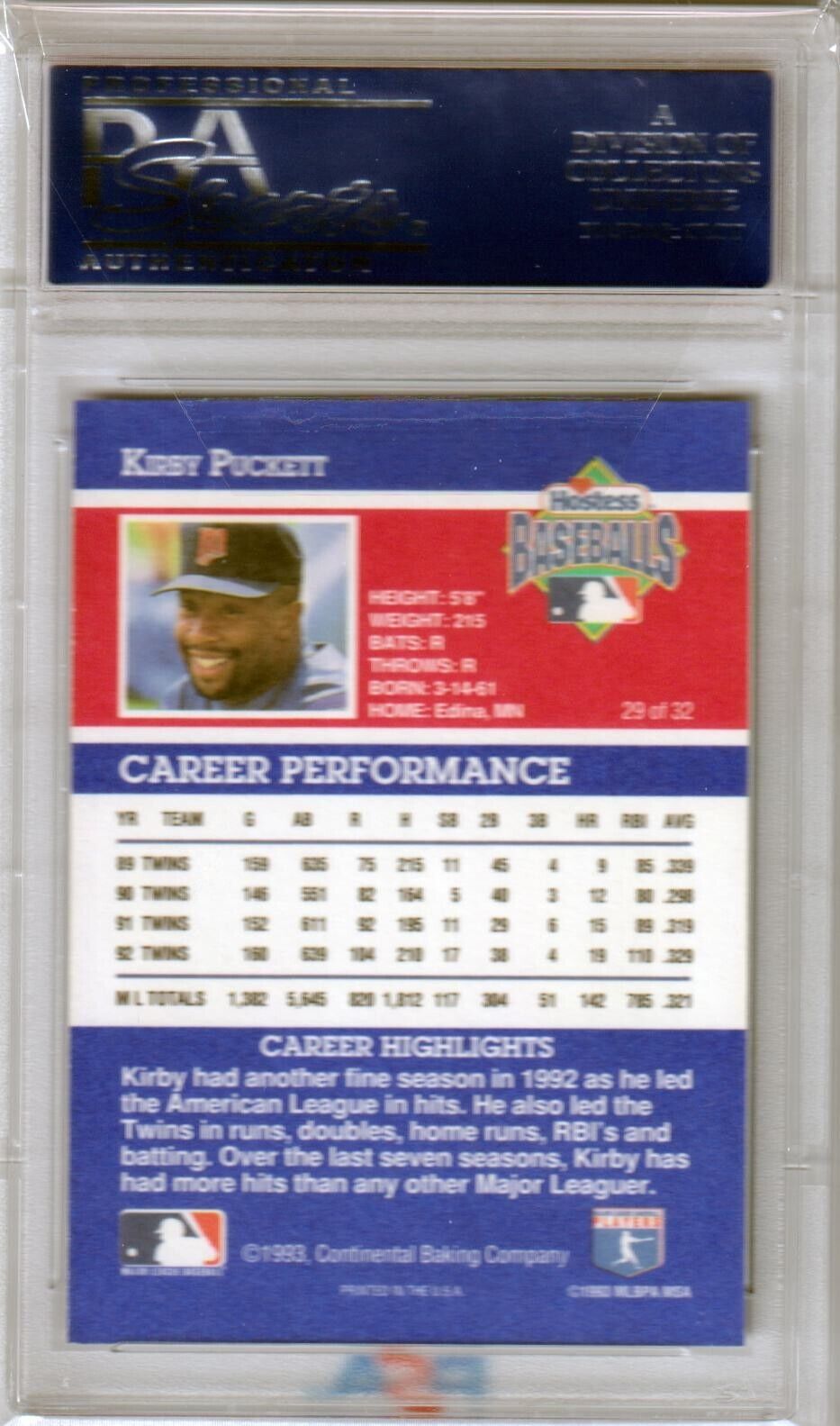 KIRBY PUCKETT 1993 Hostess Twinkies #29 PSA 10 GEM MINT - TWINS - Columbia Hobby - Sports Card Boxes - Toploaders - Card Savers
