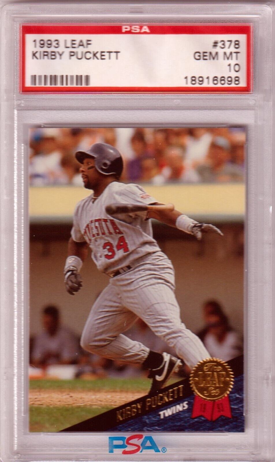 KIRBY PUCKETT 1993 Leaf #378 PSA 10 GEM MINT - TWINS - Columbia Hobby - Sports Card Boxes - Toploaders - Card Savers